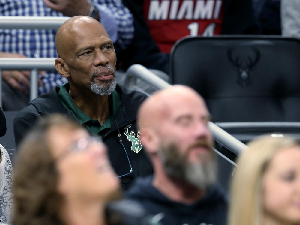 NBA Hall of Famer Kareem Abdul-Jabbar looks on during the game between the Miami Heat and Milwaukee Bucks at the Fiserv Forum in 2019 in Milwaukee.