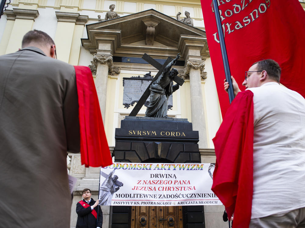 Catholics gathered in front of Warsaw's church of Holy Cross in an anti-LGBT protest in May.