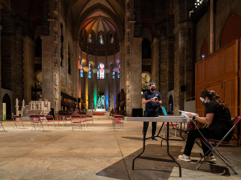 The waiting area of a pop-up vaccination site at the Cathedral of St. John the Divine in New York City sits empty as the rush for vaccinations winds down in June.