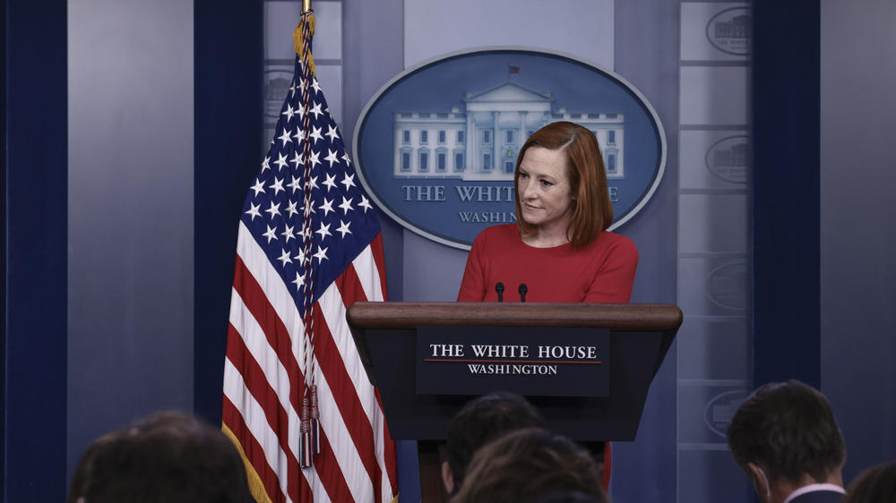 White House press secretary Jen Psaki speaks at a press briefing at the White House on Tuesday.