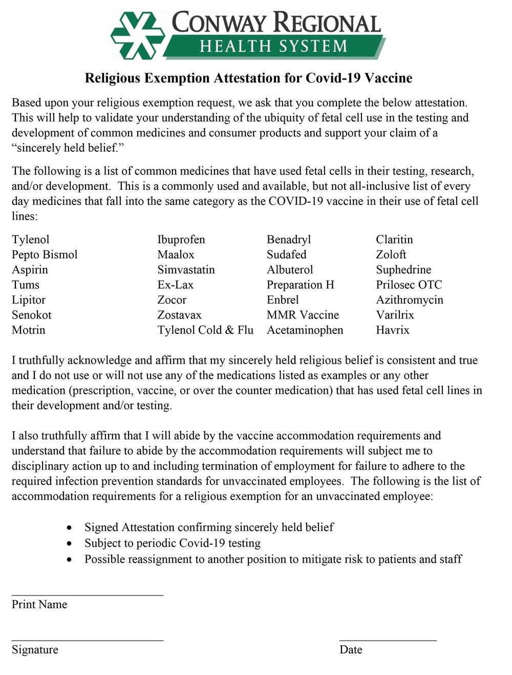 As part of an education campaign, Conway Regional Health System sent this form out to employees who requested religious exemptions to the hospital's COVID-19 vaccine mandate.
