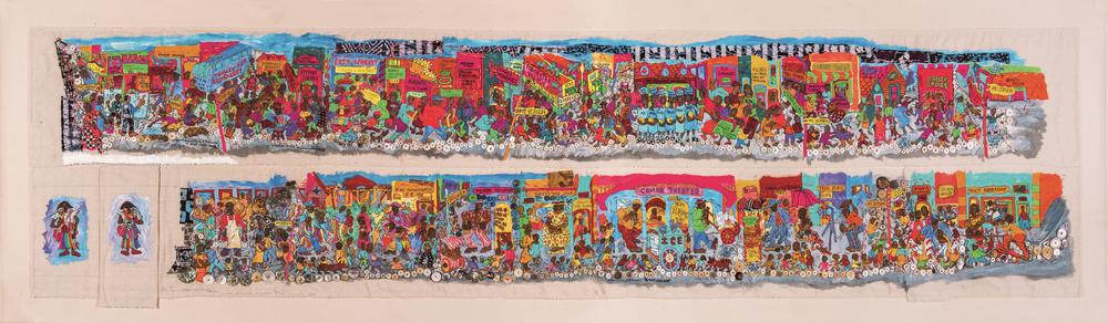 <em>A Street Called Home,</em> 1997 (Mixed media,29 x 89 1/2 in.)