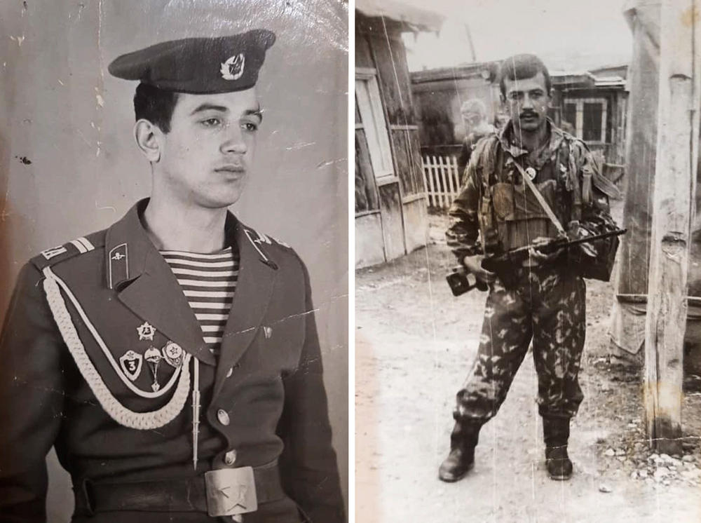 Left: Rustam Khodzhayev, at age 20, poses for a photograph in Dushanbe, Tajikistan, following two years of fighting in Afghanistan. 