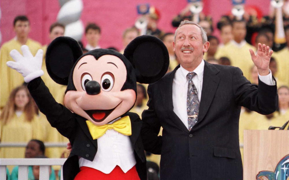 Mickey Mouse and Roy Disney during the 25th Anniversary of the opening of Walt Disney World.