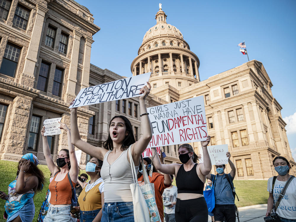 Abortion-rights supporters march outside the Texas Capitol in Austin on Sept. 1.