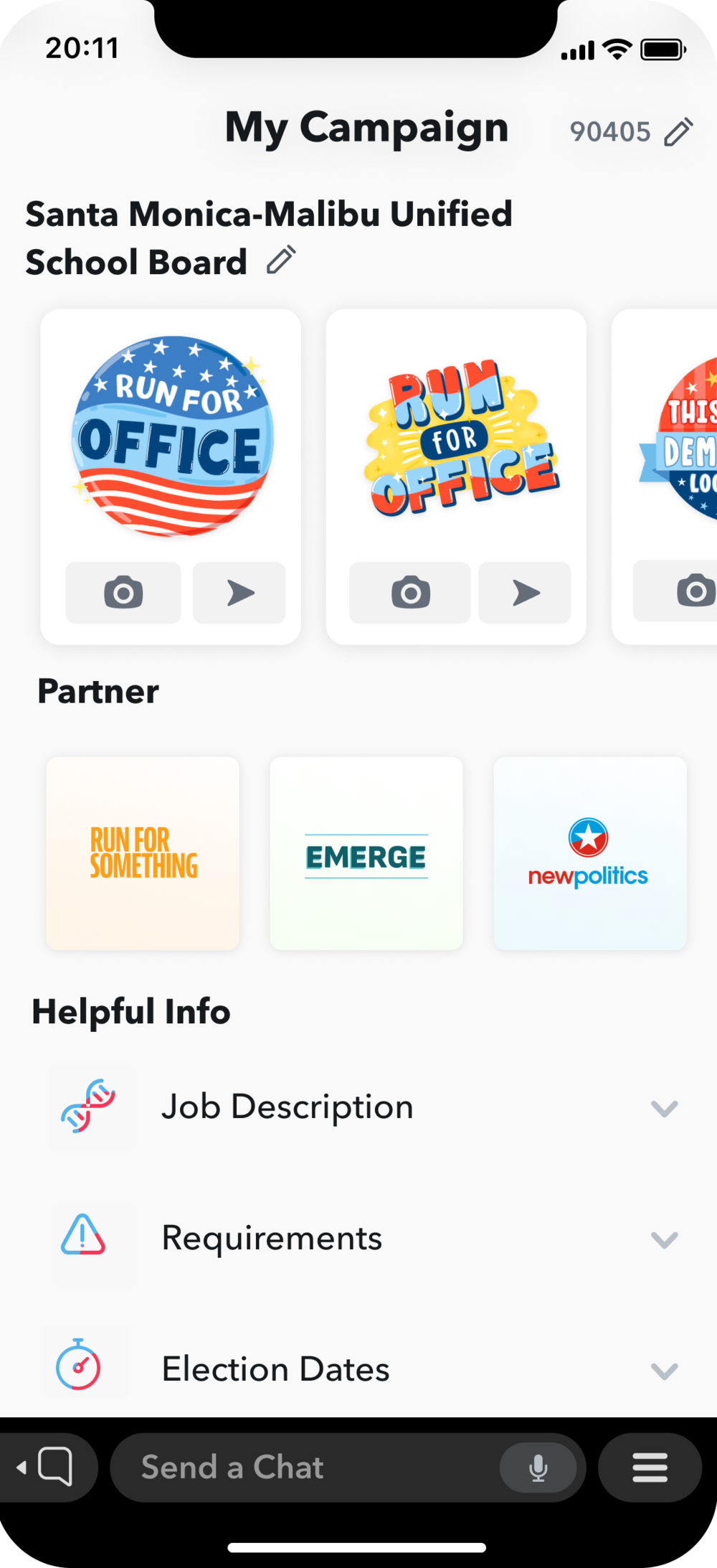 This screenshot from Snapchat shows the My Campaign section of the app, where a potential candidate can connect with candidate-recruitment organizations and access digital campaign stickers.