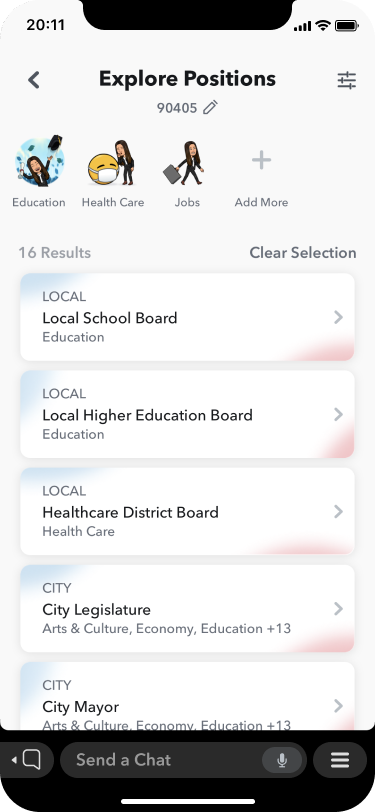 This screenshot from Snapchat shows the Run for Office initiative's Position Results section, a personalized list of opportunities to run for elected office in a user's community.