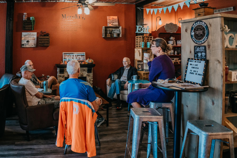 A group of residents in the nearby town of Sparta meet every morning at 7 a.m. at the  Meraki Café on the main street of the town.