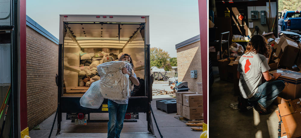A truck arrives at the armory full of blankets. The donations came from a town in northern Wisconsin.