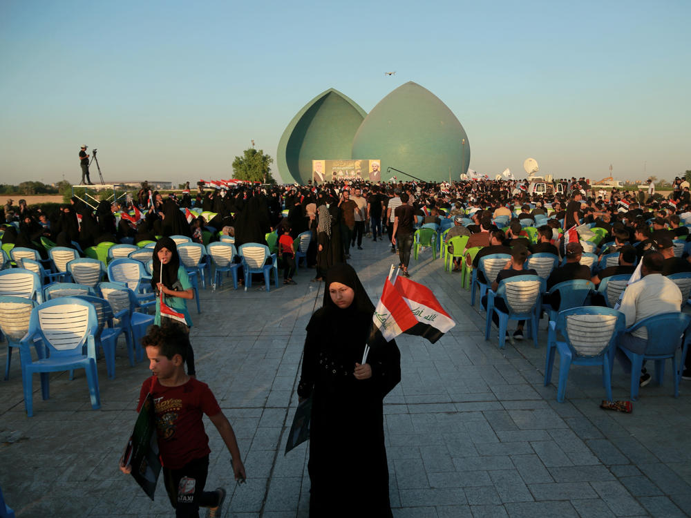 Supporters of Iraq's Al-Fateh Alliance at a rally in Baghdad on Thursday ahead of Sunday's parliamentary elections.