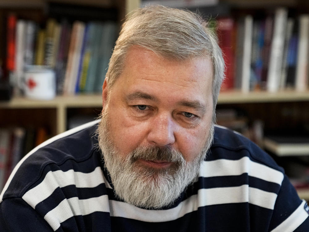 <em>Novaya Gazeta</em> editor Dmitry Muratov speaks during an interview with The Associated Press in Moscow.