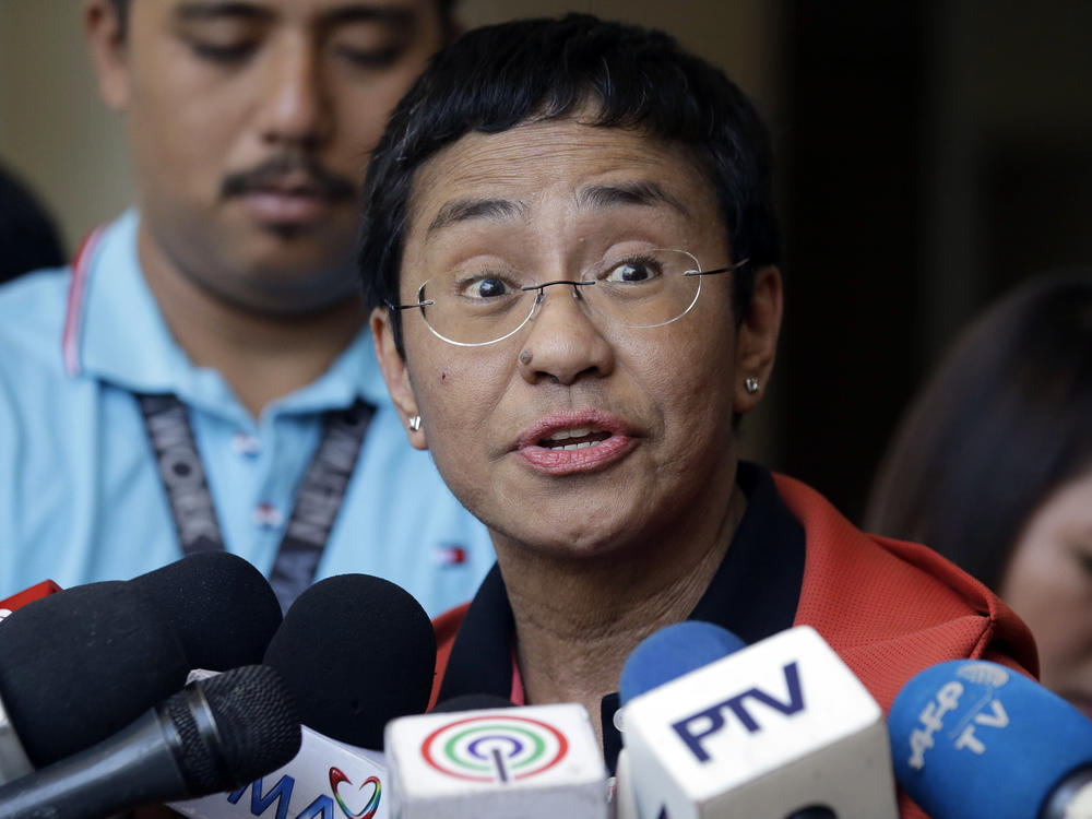 Journalist Maria Ressa talks to reporters on March 29, 2019, after posting bail at a trial court in Metro Manila, Philippines. This Friday, the 2021 Nobel Peace Prize was awarded to Ressa and journalist Dmitry Muratov for the fight for freedom of expression in the Philippines and in Russia.