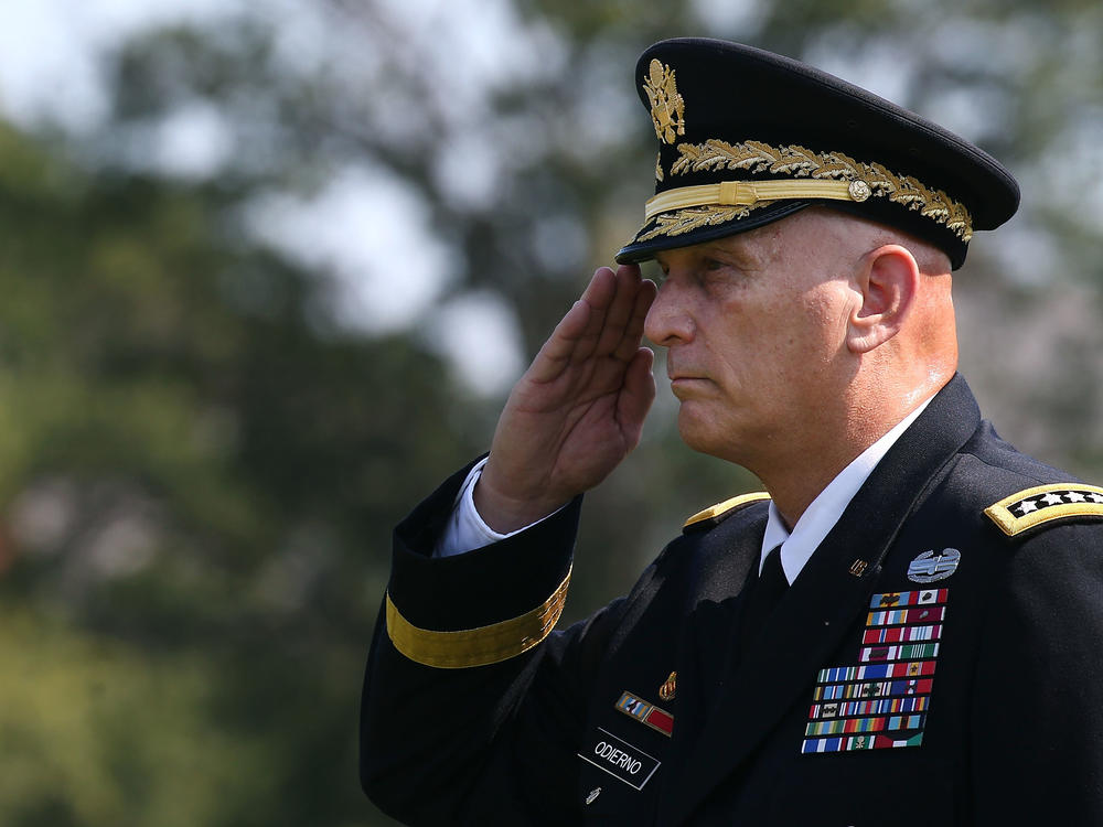 Ray Odierno salutes during his retirement ceremony at Joint Base Myer-Henderson, August 14, 2015 in Arlington, Va. Odierno, who was the Army's 38th Chief of Staff, died on Friday, his family said.