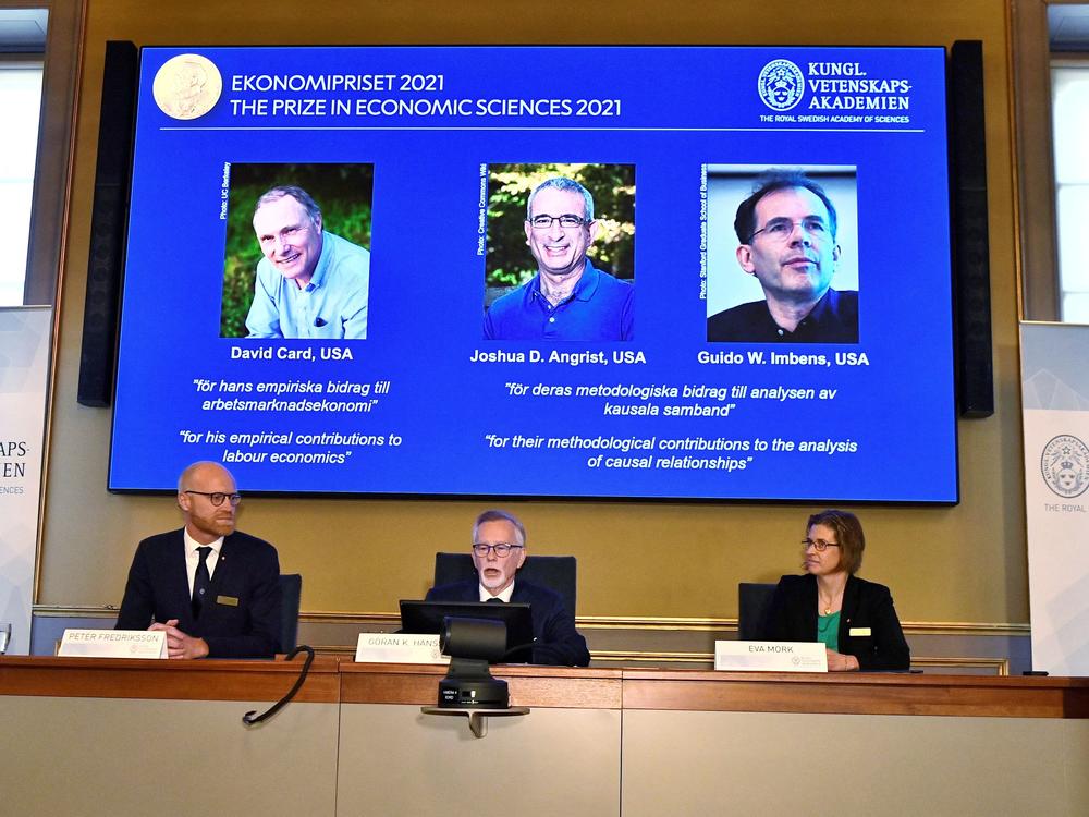 The Nobel Economics Prize committee members  announce the winners of Nobel Memorial Prize in Economic Sciences on Monday. David Card, Joshua Angrist and Guido Imbens were given the award for their research of real-life events and policy changes.