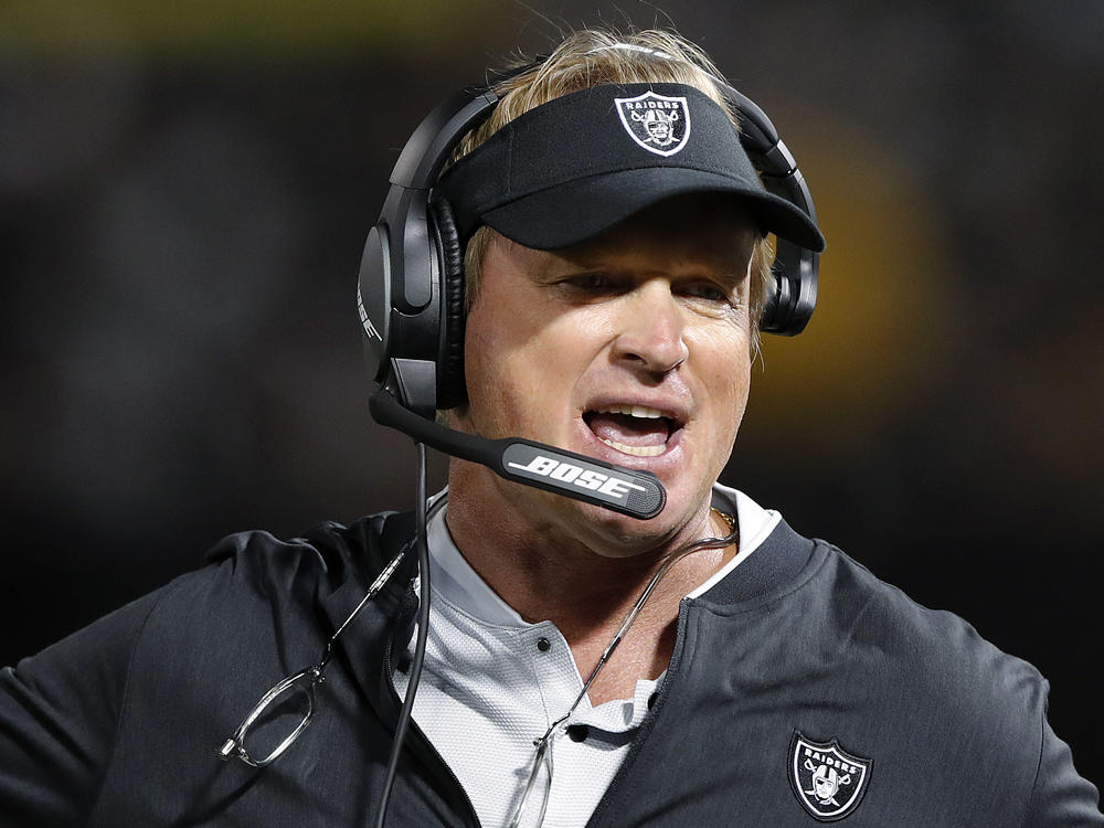 Jon Gruden resigned as coach of the Las Vegas Raiders after the publication of emails he wrote from 2011 to 2018, when he was an ESPN analyst, to then-Washington Football Team executive Bruce Allen. The messages were roundly criticized as being misogynistic, homophobic and racist.
