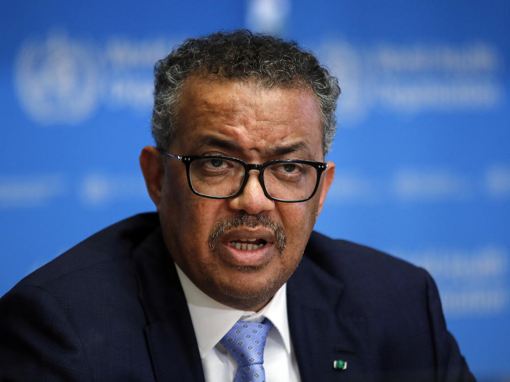 Tedros Adhanom Ghebreyesus, director general of the World Health Organization (WHO), speaks during a news conference on the COVID-19 coronavirus outbreak in Geneva, in March 2020.