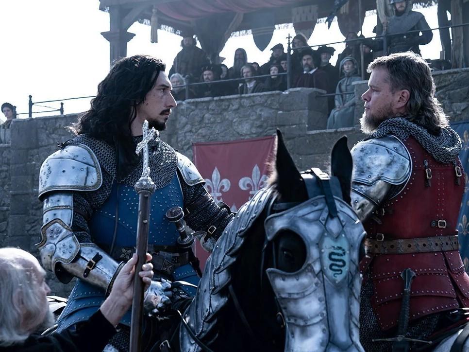 Adam Driver and Matt Damon play real-life combatants Jacques Le Gris and Sir Jean de Carrouges in<em> The Last Duel.</em>