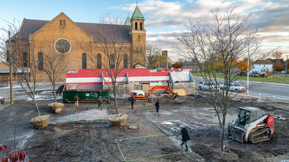 Core City Park under construction in Detroit, Mich. The design added greenspace and new local businesses to a distressed commercial corridor.