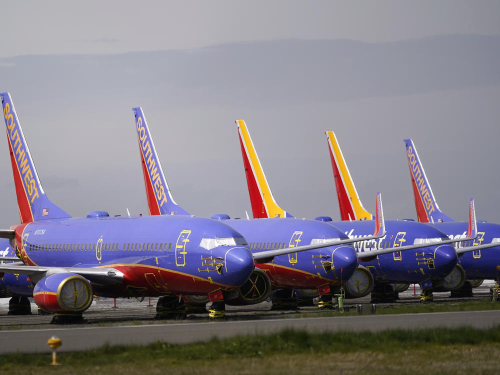A line of Southwest Air Boeing 737 jets are parked earlier this year in Everett, Wash.