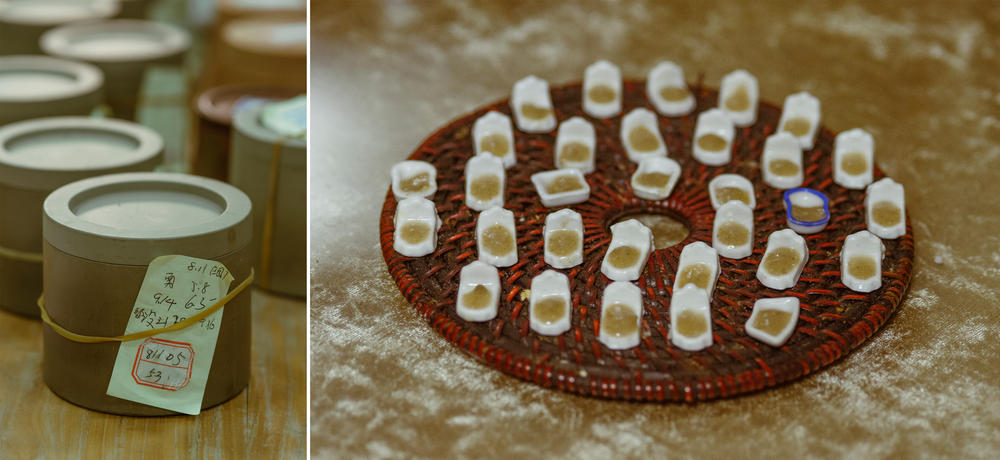 Left: Cricket pots are labeled with the data of the fighting cricket including the date and location the cricket was bought, its weight, and its fighting history. Right: Tiny food dishes for crickets.