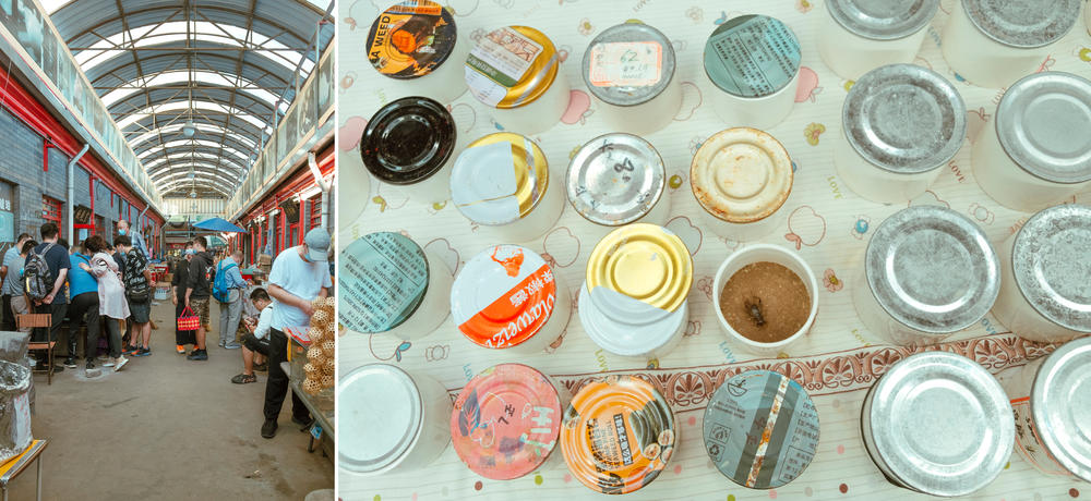 Left: A street market where vendors sell crickets and other insects, Shilihe Tianjiao Culture City, in Beijing. Right: Crickets are sold at a stall.