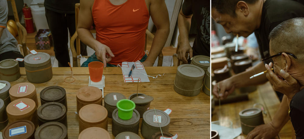 Left: Crickets are weighed before the fight. Right: Men lean in, smoking cigarettes, over a match.