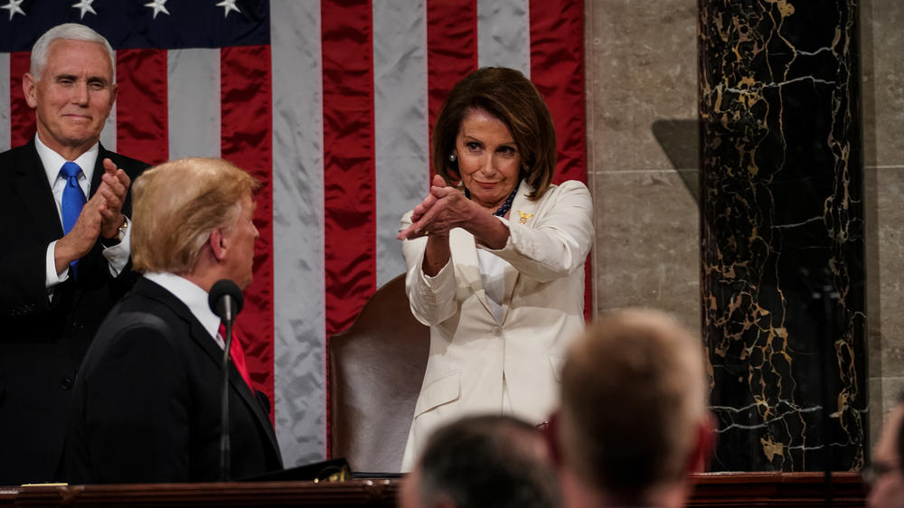 House Speaker Nancy Pelosi and then-Vice President Mike Pence appear behind President Donald Trump at the 2019 State of the Union address, a perch Trump could enjoy behind President Biden if he somehow became speaker.