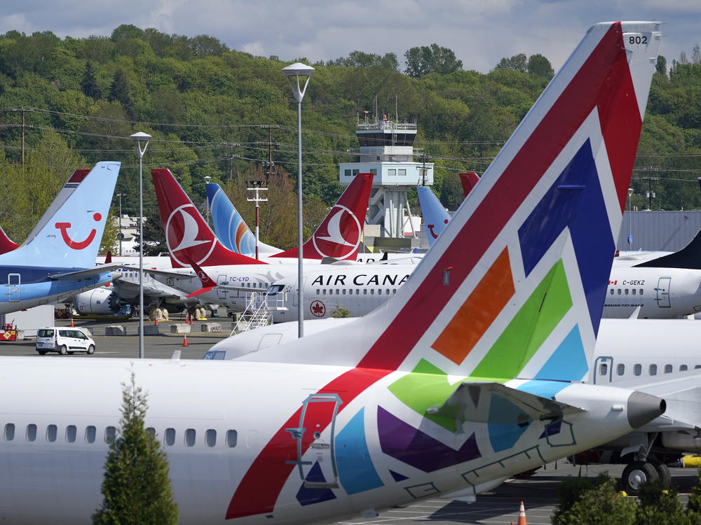 Boeing 737 Max airplanes sit parked in a storage lot in April near Boeing Field in Seattle.