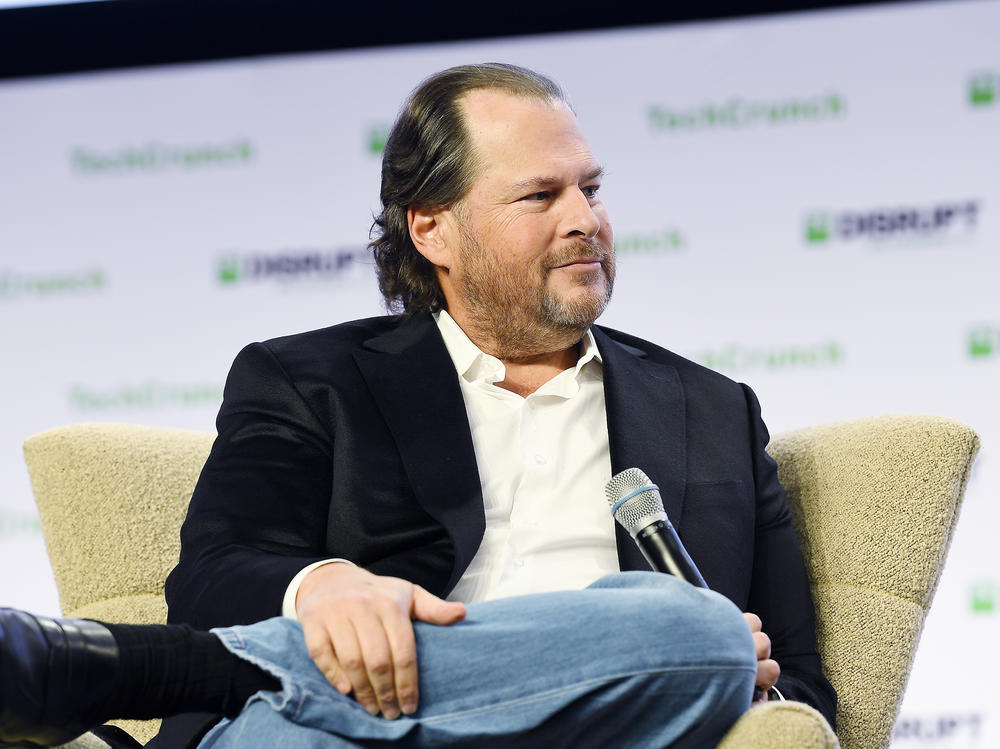 Salesforce CEO Marc Benioff speaks onstage during the TechCrunch Disrupt San Francisco event in San Francisco on Oct. 3, 2019. Benioff is a proponent of stakeholder capitalism, the belief that companies must look out for the broader good.