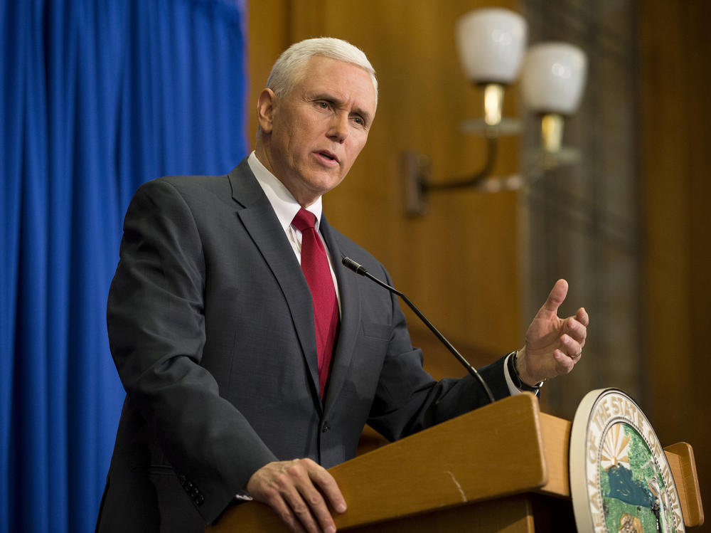 Then-Indiana Gov. Mike Pence speaks during a press conference on March 31, 2015. Pence was speaking about the state's controversial religius freedom law, which sparked some corporate opposition.