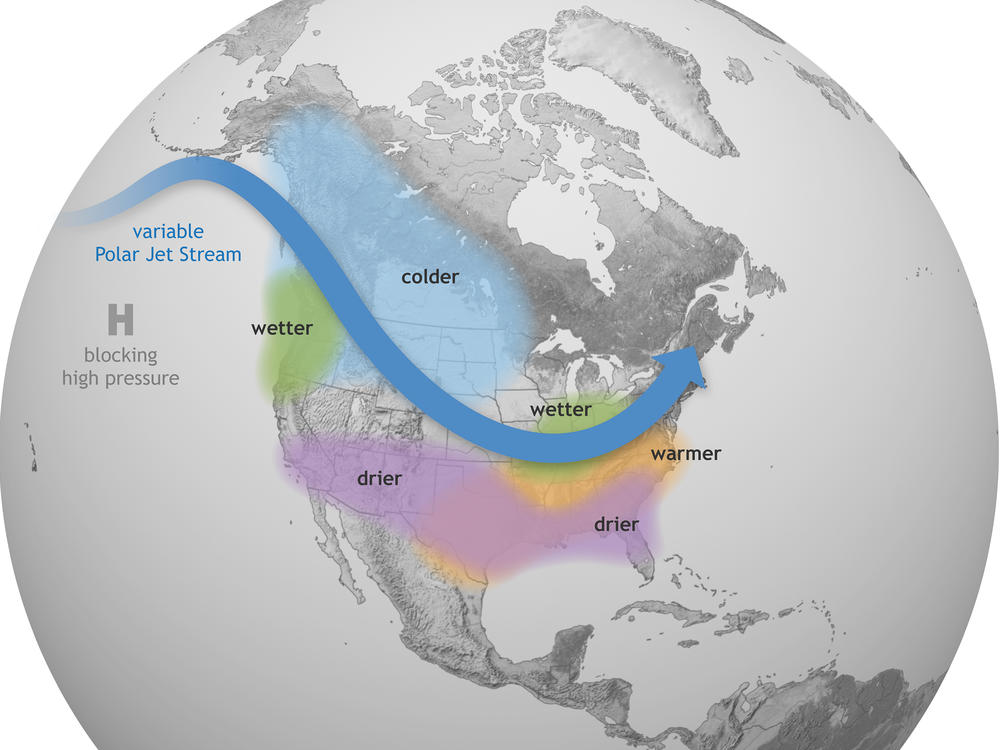 This Climate.gov graphic shows how La Niña generally affects weather conditions in the United States. Forecasters say there's a nearly 90% chance that La Niña conditions will be in place from December 2021 to February 2022.