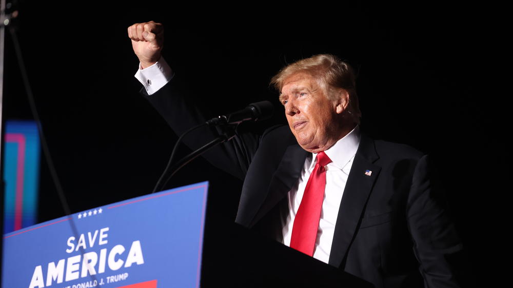 Former President Donald Trump speaks to supporters during a rally at the Iowa State Fairgrounds on Oct. 9 in Des Moines. The Republican Party's agenda now includes the false notion that the 2020 election was somehow stolen.