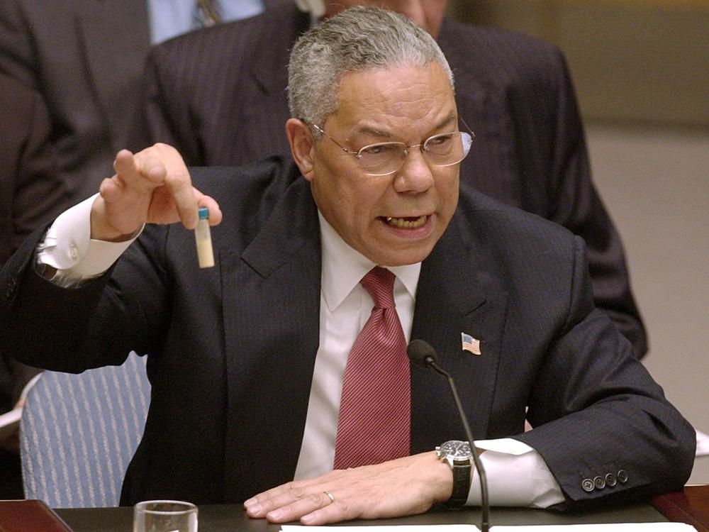 Secretary of State Colin Powell holds up a vial he said could contain anthrax as he presents evidence of Iraq's alleged weapons programs to the United Nations Security Council on Feb. 5, 2003. That evidence proved 
