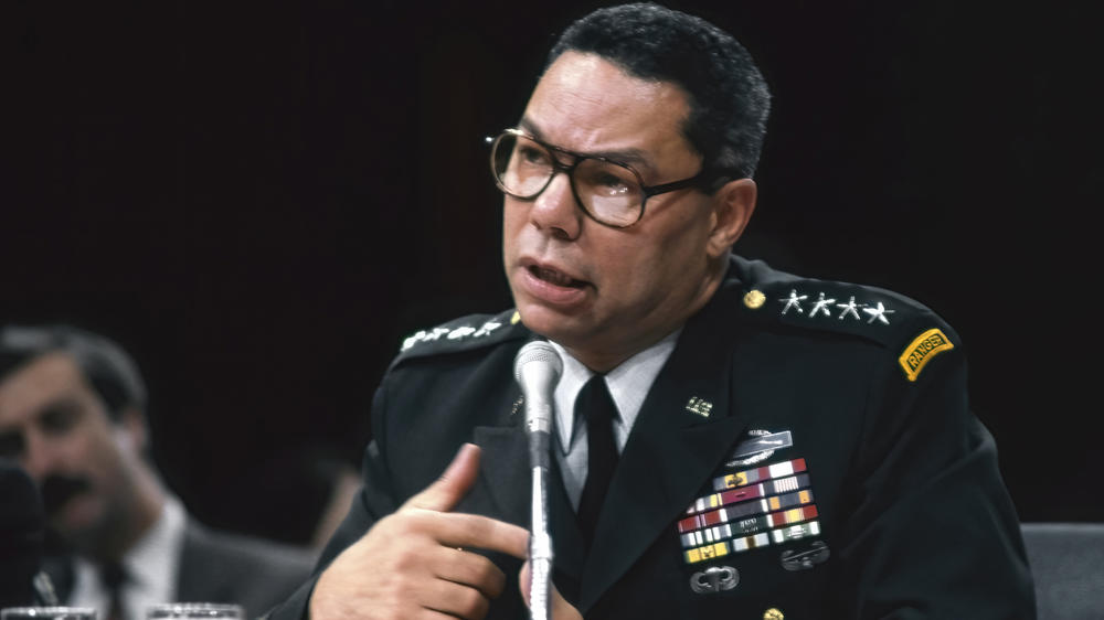 Powell, then the chairman of the Joint Chiefs of Staff, prepares to testify at the Senate Armed Services Committee hearings on Desert Storm troop deployments in 1990.