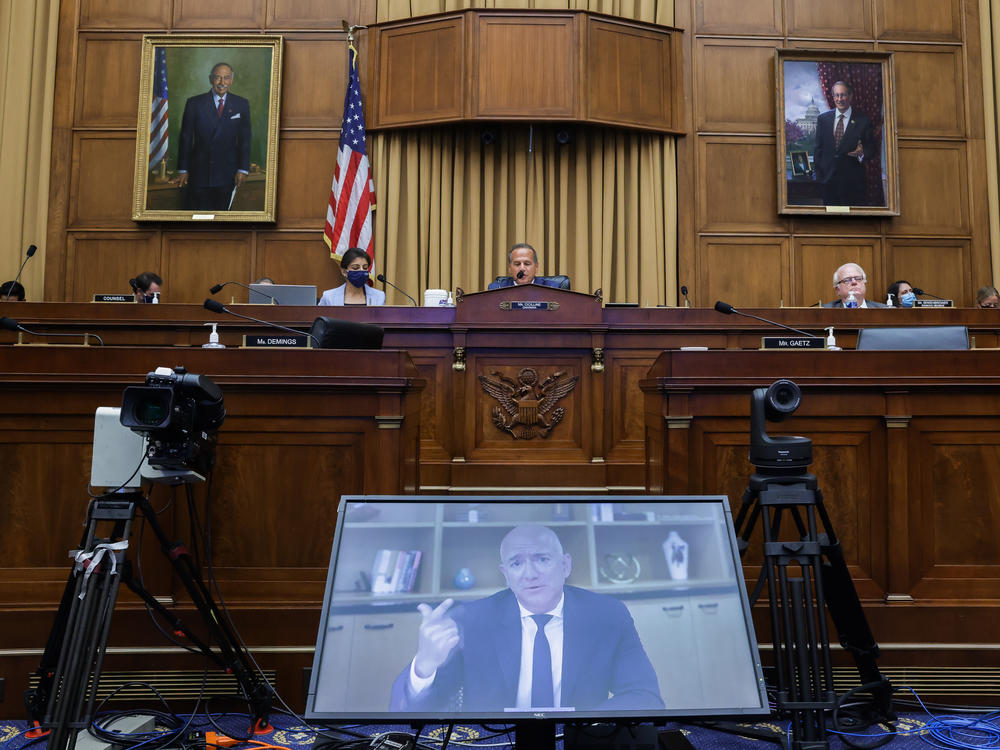 Jeff Bezos, then the CEO of Amazon, testifies in Congress by videoconference on July 29, 2020.