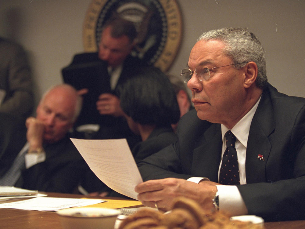 Secretary of State Colin Powell meets in the President's Emergency Operations Center after the terrorist attacks on Sept. 11, 2001 in Washington, D.C. Powell was in Peru on the morning of the attacks.