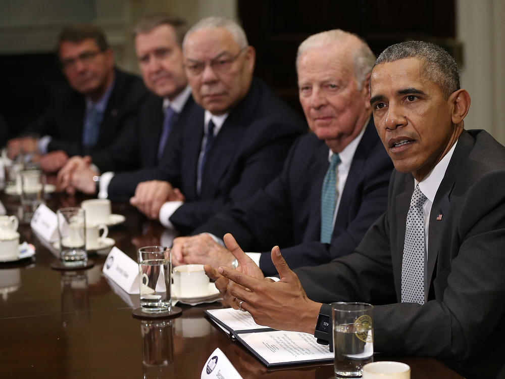 President Barack Obama delivers remarks following a meeting with present and former national security leaders at the White House on Nov. 13, 2015. Obama met with the national security leaders on the national security implications of the Trans-Pacific Partnership trade pact. Powell was among those who attended.