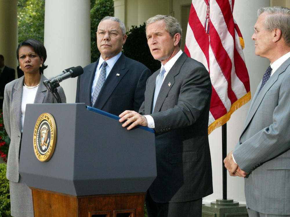 President George W. Bush, with national security adviser Condoleezza Rice, Secretary of State Colin Powell and Secretary of Defense Donald Rumsfeld appear at the White House Rose Garden in June 2002. Powell's time in the administration would be defined by the beginning of the war in Iraq.