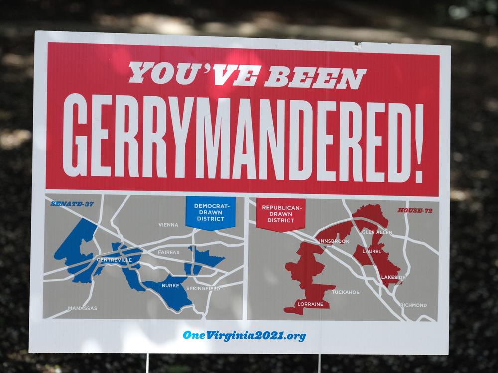Redistricting reform advocates in Virginia pitched the creation of a new commission as a remedy to unfair political maps, like the ones shown on this poster from 2019, but the new group has struggled to reach consensus.