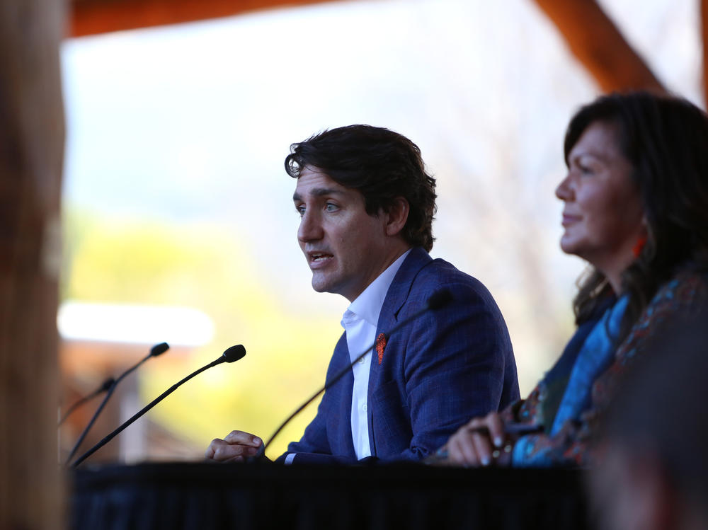 Canadian Prime Minister Justin Trudeau makes a speech during his visit to Tk'emlups the Secwepemc First Nation in Kamloops, British Columbia, Canada on Monday.