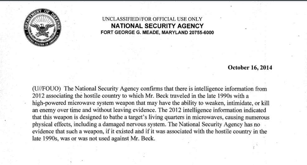 A 2014 letter from the NSA to Michael Beck acknowledging that there's U.S. intelligence indicating an unnamed foreign country has a microwave  weapon.