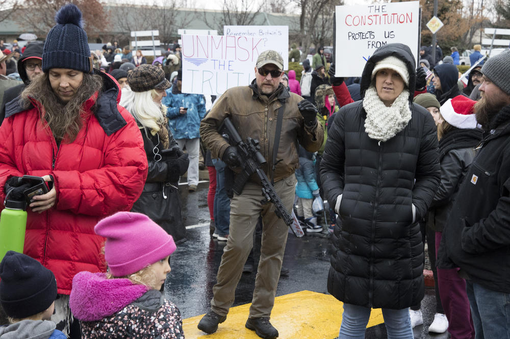 Protesters gather outside Central District Health's office in Boise, Idaho, on  Dec. 15, 2020.