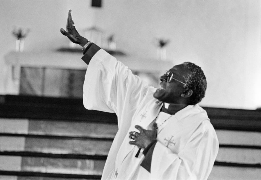 Desmond Tutu delivers a sermon in Soweto in 1985, protesting against the South African raid into Botswana.