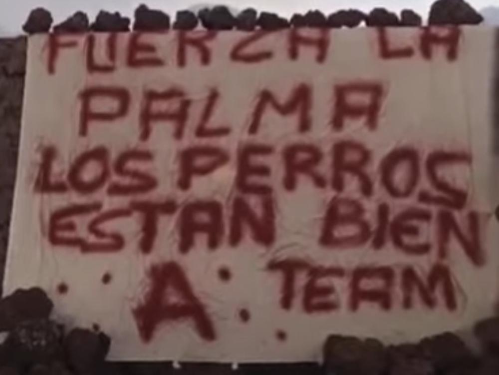 Drone operators were hoping to find dogs that needed to be rescued from a lava zone on the island of La Palma, Spain. Instead, they found a spray-painted banner that said 