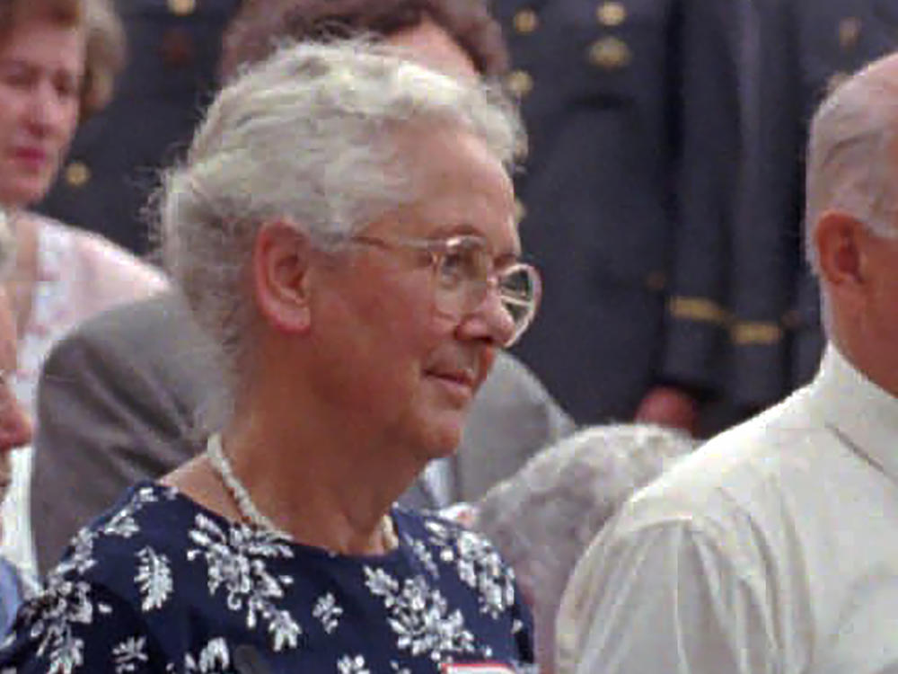 In this July 13, 1997 file photo Lorli von Trapp Campbell attends a mass honoring her father, in Stowe, Vt. A funeral home confirmed Lorli von Trapp Campbell died Sunday, Oct. 17, 2021, in Northfield, Vt.