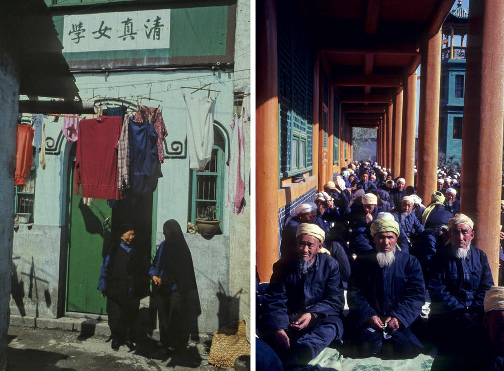 Left: The entrance to a women's-only mosque in the town of Jiaxing near Shanghai, in the 1980s. Female-only mosques were once common in Chinese Muslim communities. Right: Hui Muslim men in Xining's Dongguan Mosque in 1983. Hui Muslims number about 10.5 million, less than 1% of China's population.