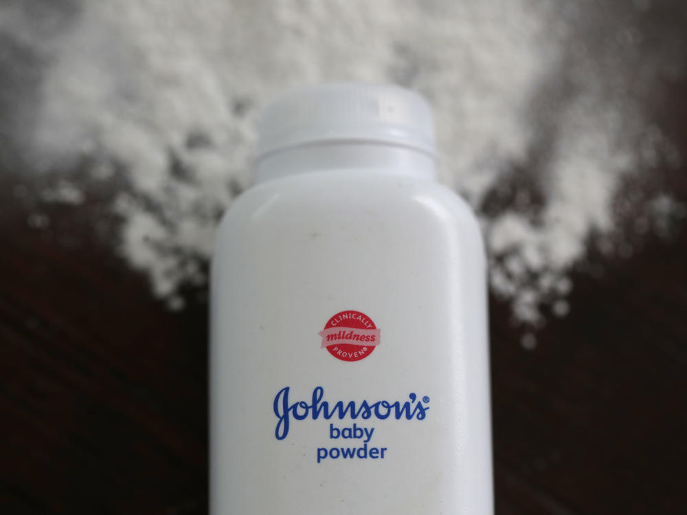 In this photo illustration, a container of Johnson's baby powder sits on a table in 2019.