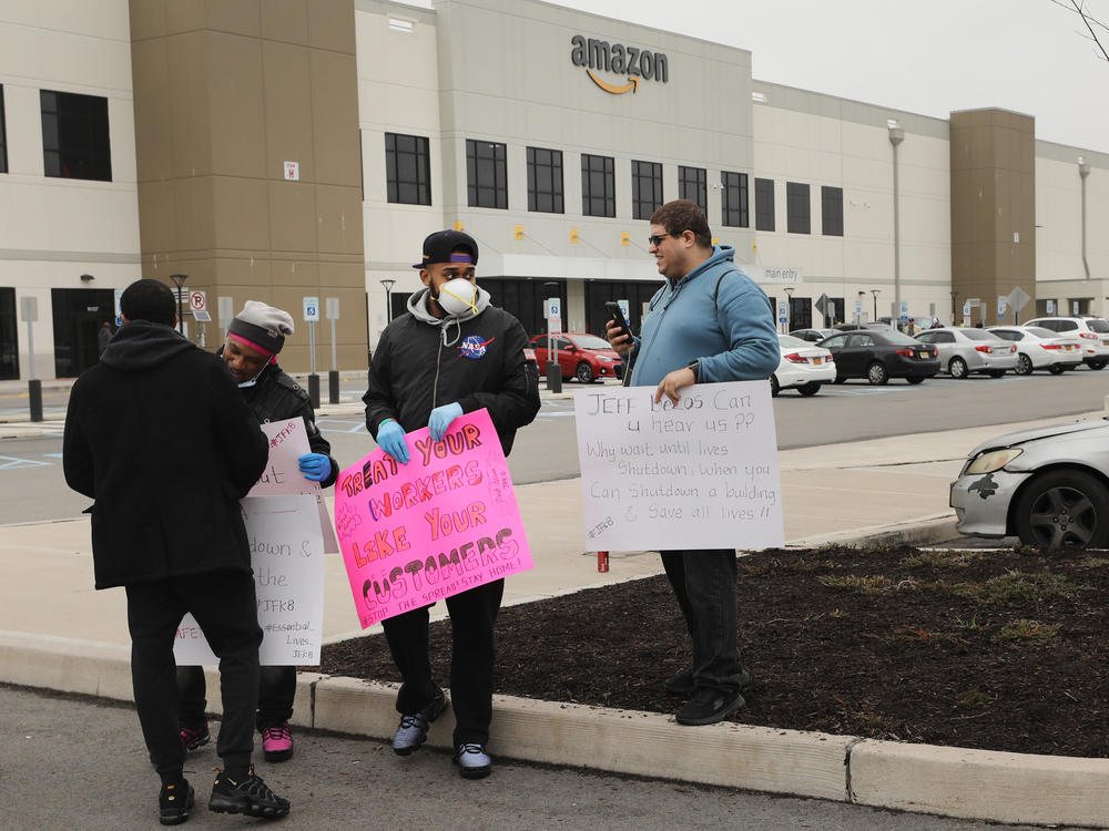 Amazon workers hold a walkout over conditions at a Staten Island warehouse in March 2020.