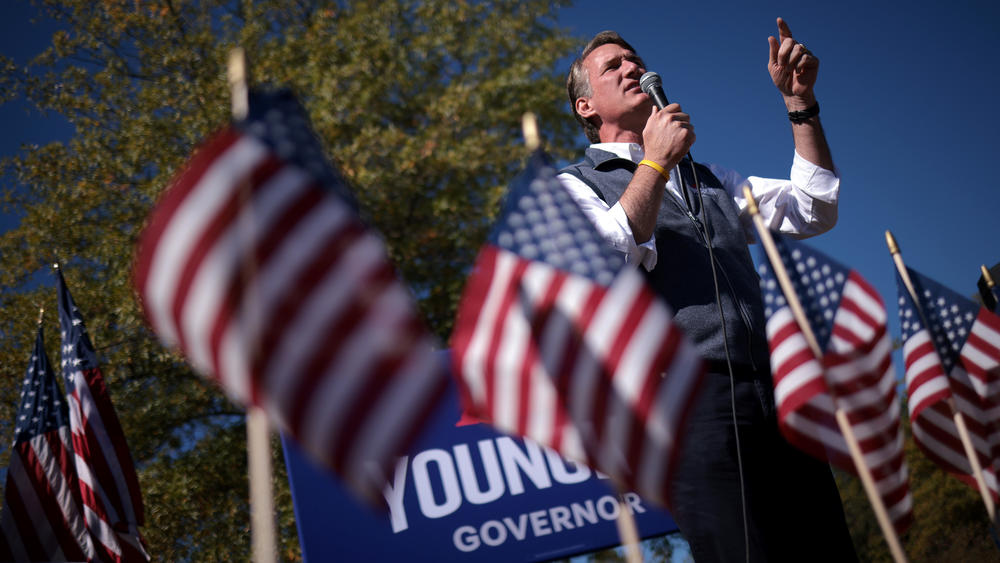 Republican gubernatorial candidate Glenn Youngkin speaks during a rally Tuesday in Stafford, Va.