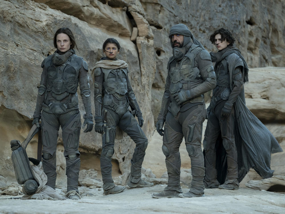 Rebecca Ferguson as Lady Jessica Atreides, Zendaya as Chani, Javier Bardem as Stilgar, and Timothée Chalamet as Paul Atreides